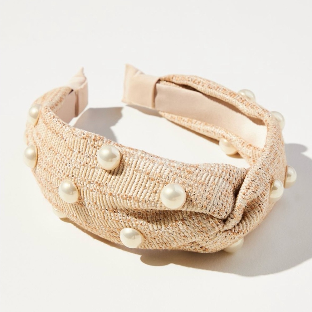 Anthropologie Pearl-Embellished Tan Headband